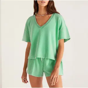 Shewin 2026 Spring/Summer Women's 2-Piece Casual Loungewear Set - V-Neck Short Sleeve Ribbed Cotton Top with High Waist Elastic Waist Shorts and Pockets for Daily Wear