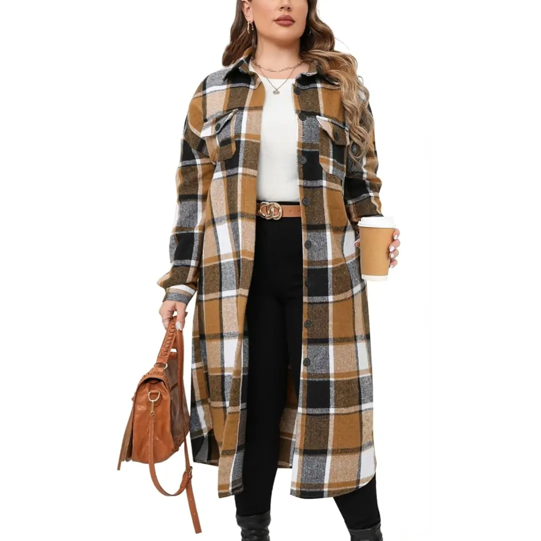 Women's Plus Size Fashion Plaid Flannel Long-Sleeve Lapel Boyfriend Button-Down Coat - Thin Lightweight Oversized Loose Polyester Retro Suit for Casual Work & Lounge Wear,back to school,back to school shopping