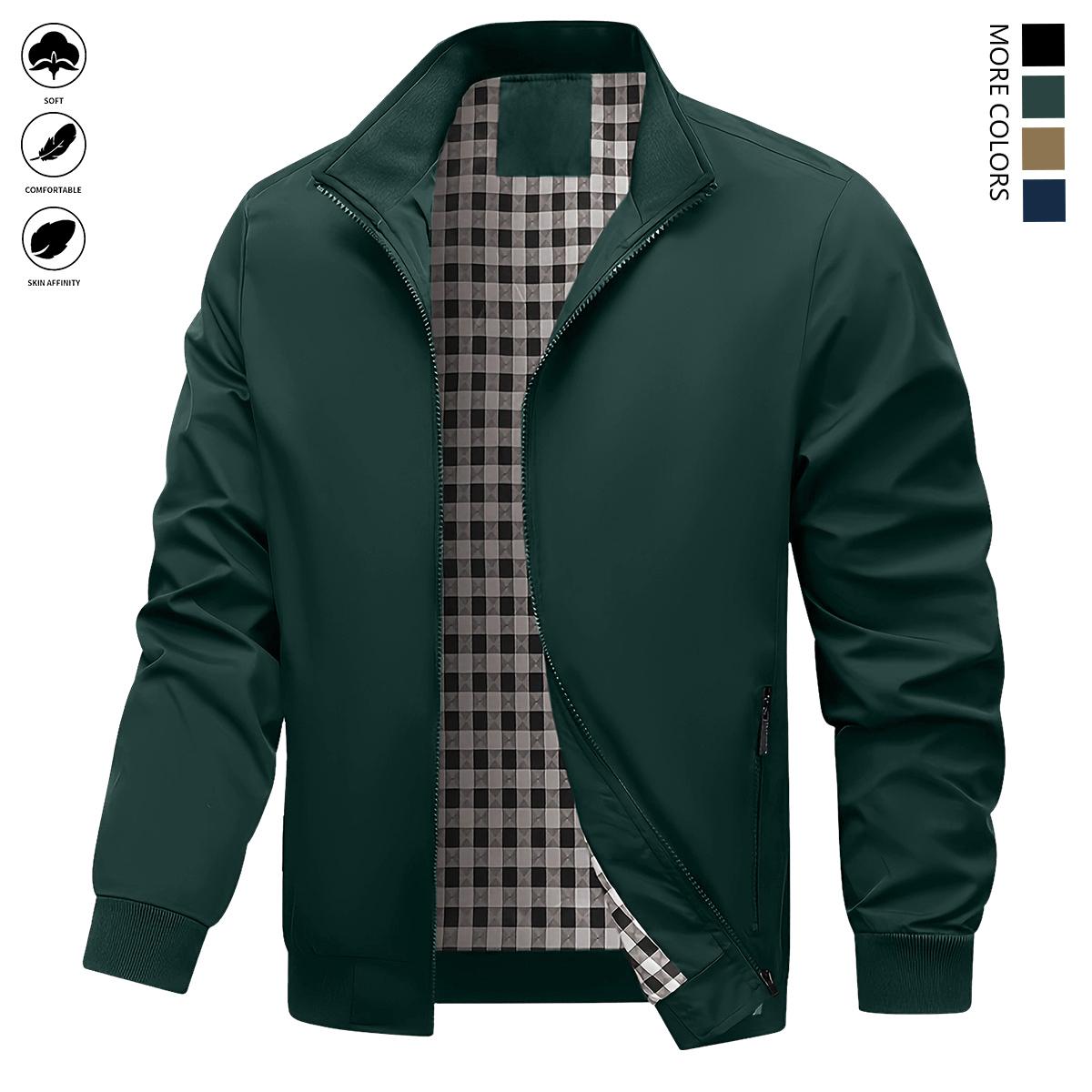 Men's Lightweight Polyester Jacket - Non-Stretch Formal and Daily Jacket, Stand Collar Design, Zipper Pocket - Office, Work Clothing, Spring and Autumn Casual Outerwear - Easy Care Professional Suit, Simple Style, Washable Fabric