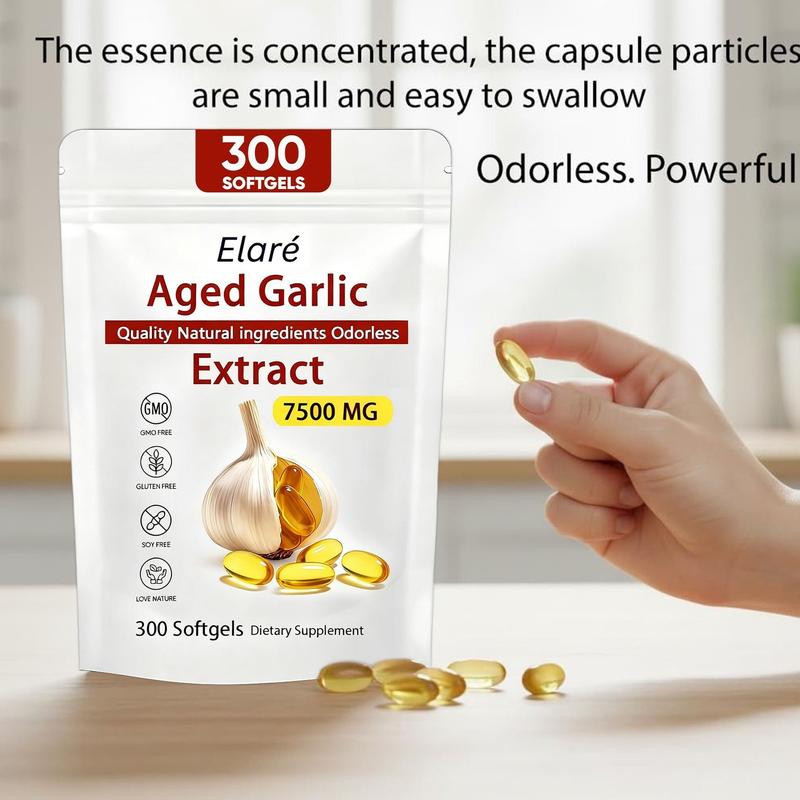 1 PACK Elare Aged Garlic Extract, 300 Softgels, 7500mg Odorless | Heart & Immune