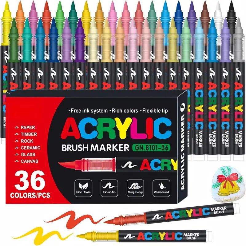 Acrylic Paint Markers, Washable Brush Tip Art Markers, No Bleed & Quick Dry, Perfect for Halloween, Christmas, Birthday Gifts, DIY Crafts on Multiple Surfaces