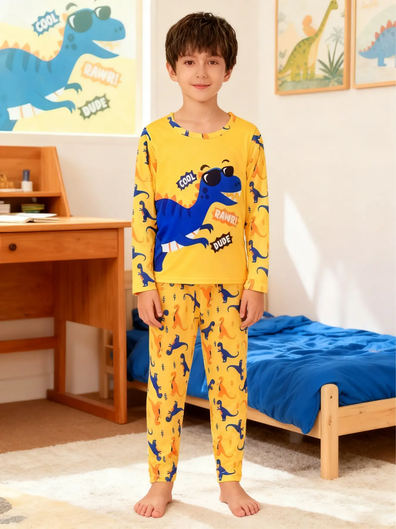 Boys' 2-Piece Dinosaur Animal Print Pajama Set, Spring & Fall Long Sleeve Sleepwear, Casual Fitted Home Wear, Sleepwear Pajamas Set, Pajama Outfit