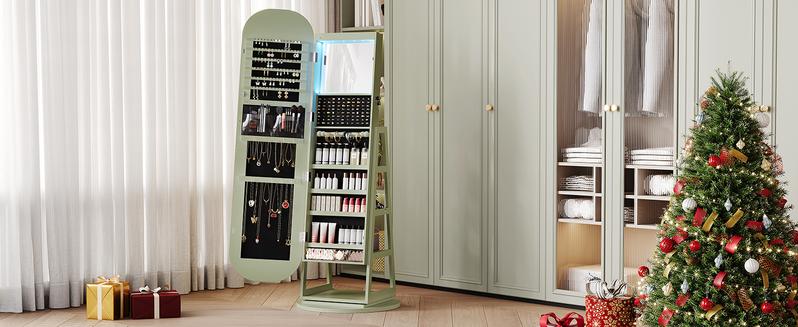 【Valentine's Day Gift & Full-Length LED Mirror】ONBRILL Gorgeous Lockable 360° Swivel Jewelry Cabinet with Light,Jewelry Organizer Armoire Standing with Interior Mirror&Storage Shelve for Cloakroom LivingRoom Bedroom Furniture