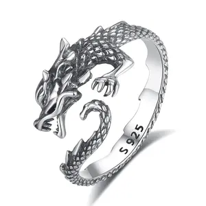 【HXS】925 Sterling Silver Dragon Wrap Ring Vintage Textured Scales Statement Ring for Men Women