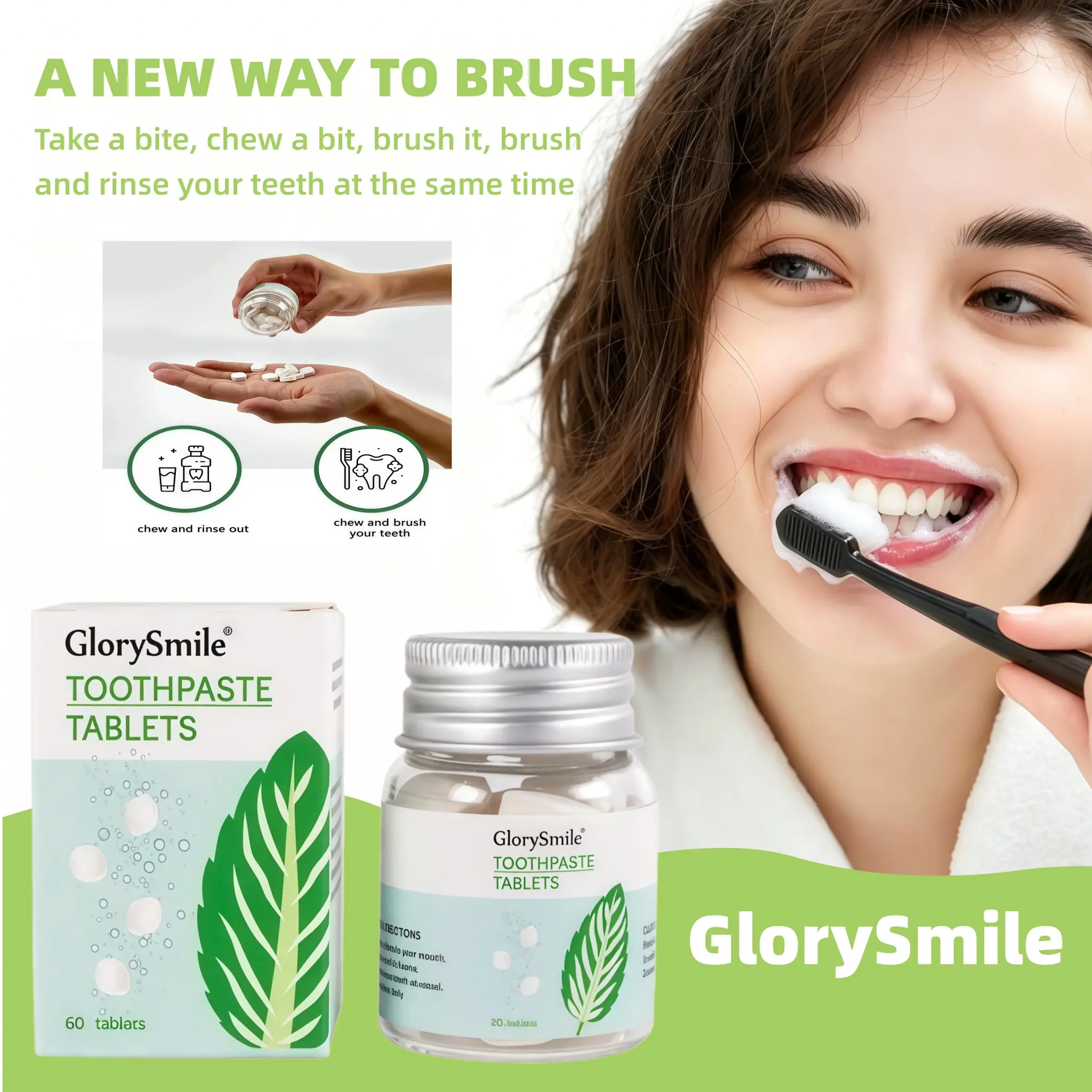 GlorySmile Fresh Breath Chewable Tablets, Dual-use for brushing teeth and rinsing mouth, suitable for business trips and travel, mint flavor, 30/60 tablets