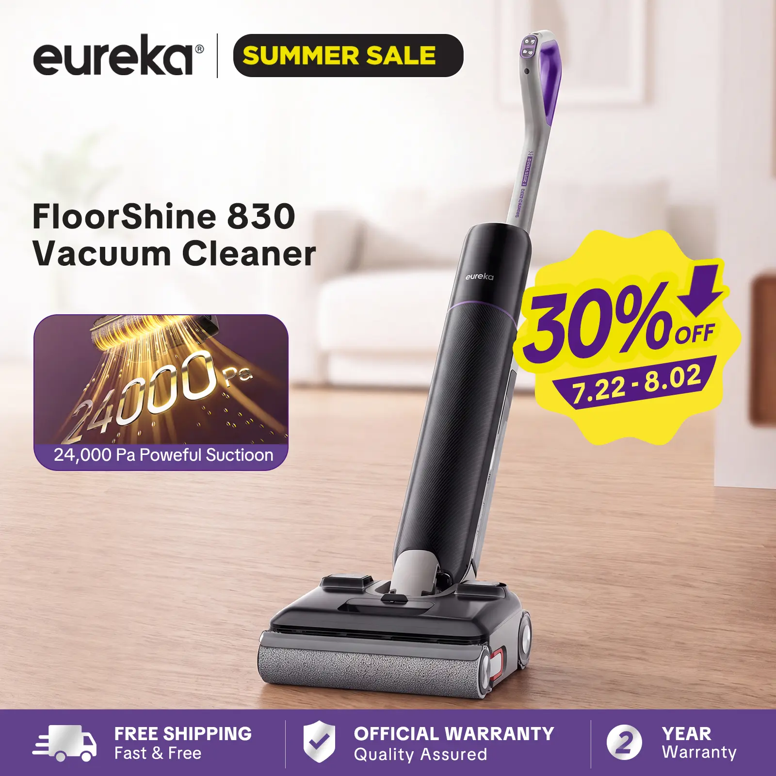 Eureka FloorShine 830 Vacuum Cleaner 24000Pa, Cordless Floor Scrubber Flat Design 180° 13.7 cm, Anti-Tangle, Edges on 3 Sides, for Houses with Animals, 60 Min Autonomy