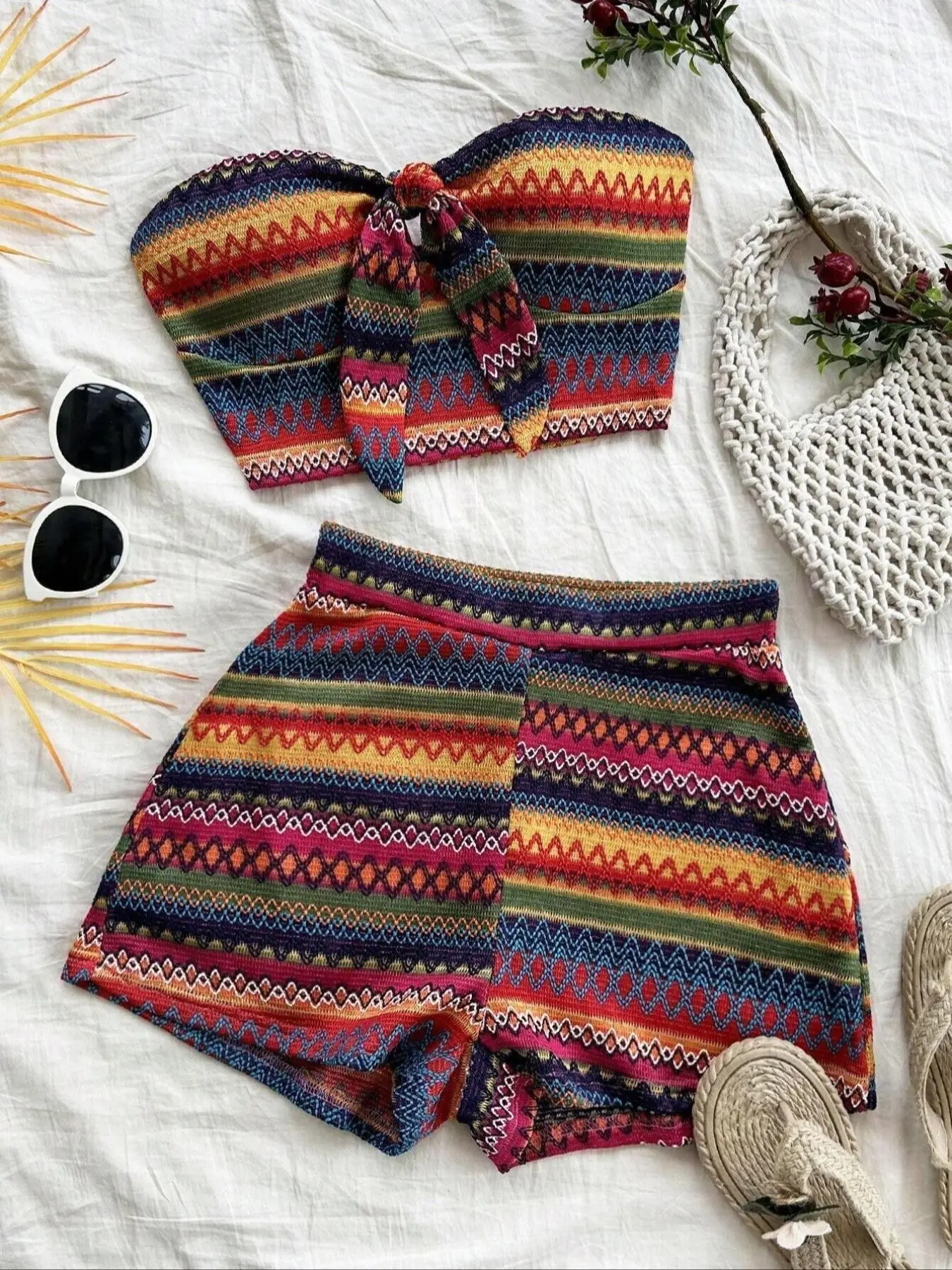Women's Rainbow Striped Knit Halter Top Matching Set with High Waist Fitted Shorts, Strapless, Perfect for Holiday Travel, Vacation Boho Bohemian Style, Summer Outfits Set, Striped Knit Sets, 2 Piece Fashion Clothes Womenswear