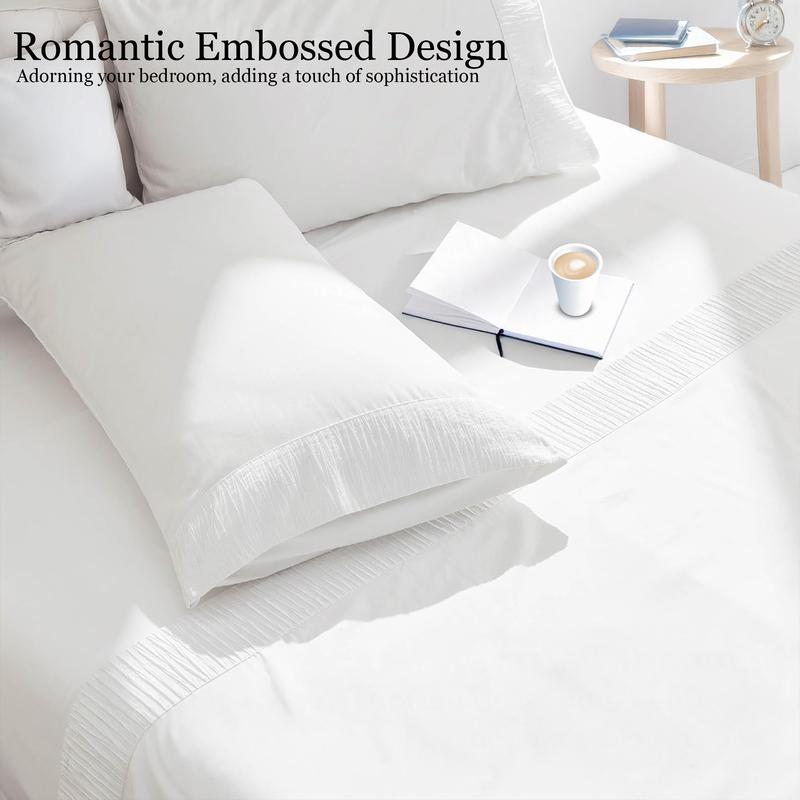 4-Pc Bed Sheets Set - Romantic Embossed Design & Brushed Microfiber  Bed Set- King Bed Sheet & Pillowcases - Upto 14" Deep Pocket Hotel Luxury Queen Sheets
