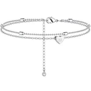 Loaylove Silver Heart Initial A-Z Charm Ankle Bracelets for Women - Waterproof Layered Sterling Silver Anklets Dainty Letter Anklet Gifts for Her