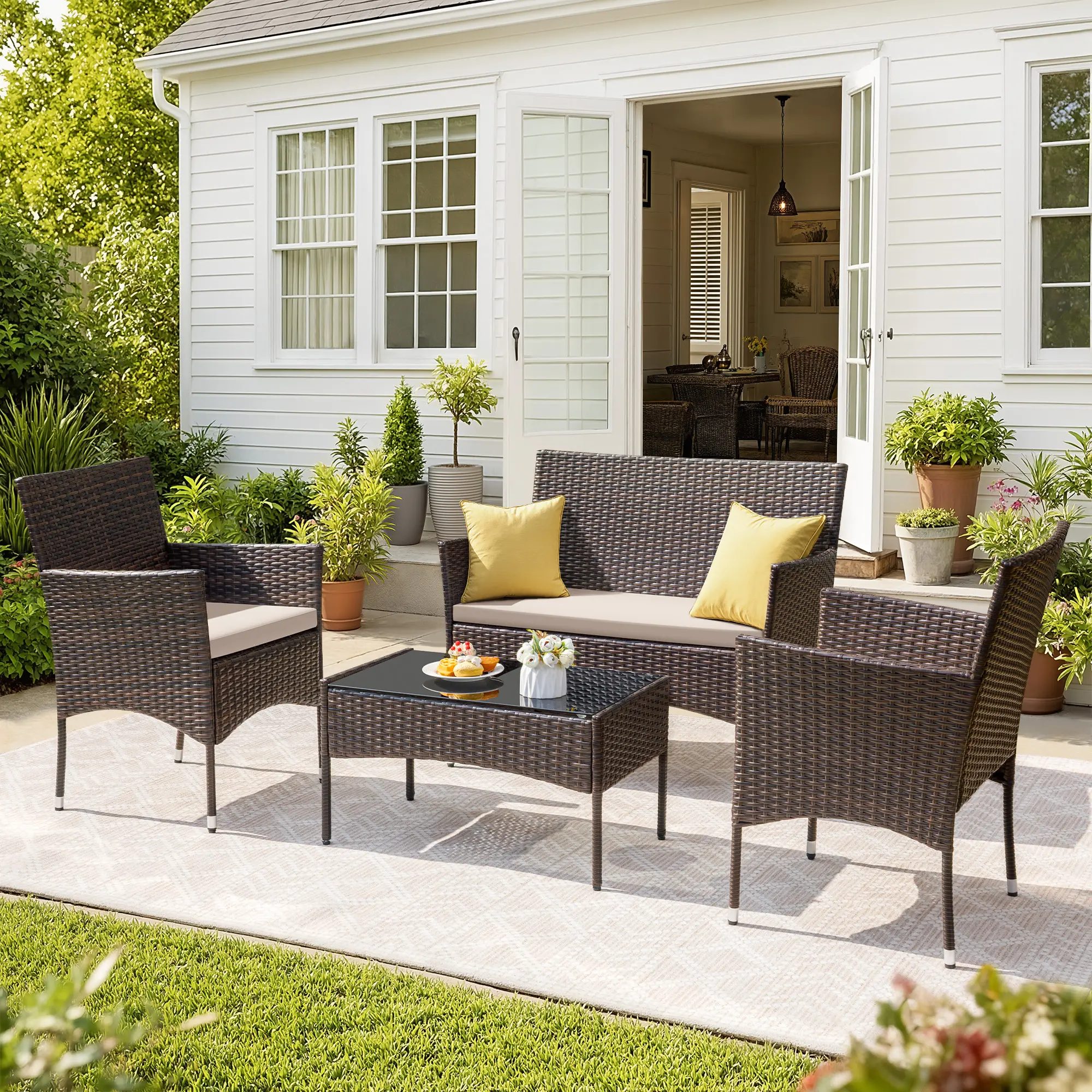 HOMALL 4-Piece Outdoor Patio Furniture Set, PE Rattan Wicker Conversation Set with Loveseat, 2 Armchairs & Tempered Glass Coffee Table, All-Weather Patio Sofa Set for Garden, Porch, Balcony & Backyard