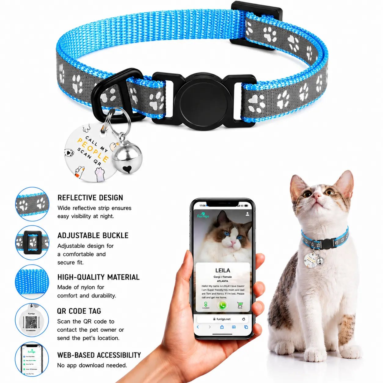 Smart QR ID Cat Collar - No Monthly Fee Lost-Pet Finder, Reflective Breakaway Safety Collar with Bell, Nylon Fabric, Fits 8-13", Night Visibility, Bell Adds Sound Awareness on Walks, Lightweight for Cats (Kittens to Adults), Reflective Collars