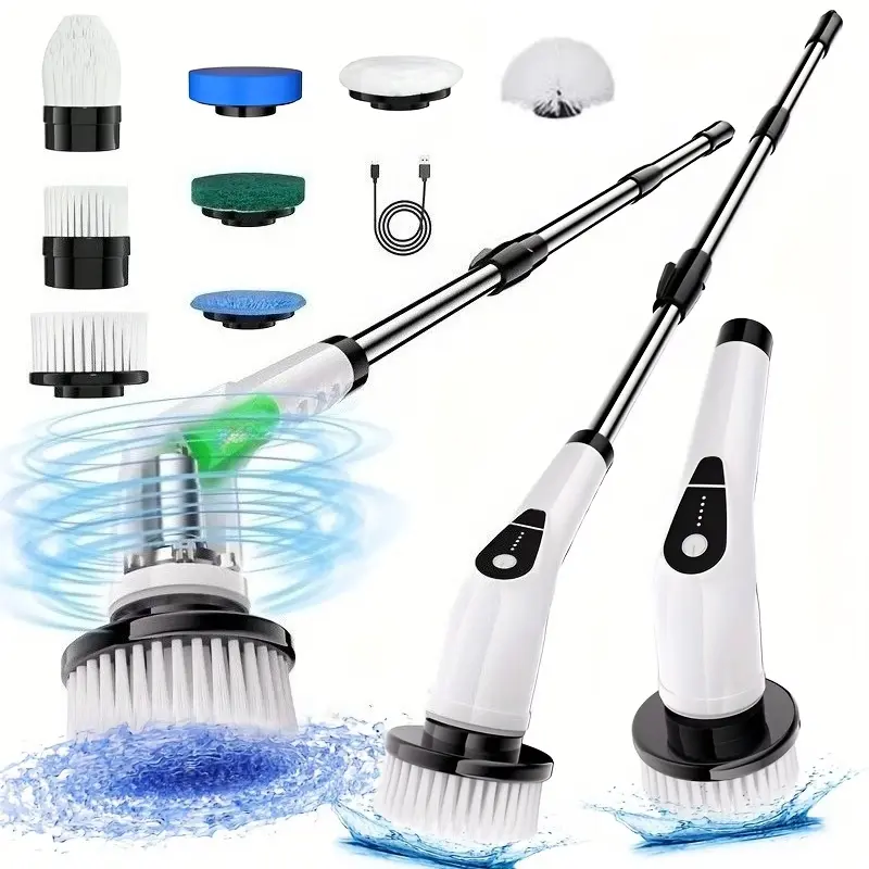 Cordless Handheld Scrubber - Wireless PowerSpin Electric Cleaning Tool for Women, Dual-Speed, 8 Replaceable Brush Heads, 3 Adjustable Extension Handles, 2-3 Hrs Runtime, Waterproof, Fast Charge, Tough Grime Removal, Elderly-Friendly for Kitchen, Shower, P