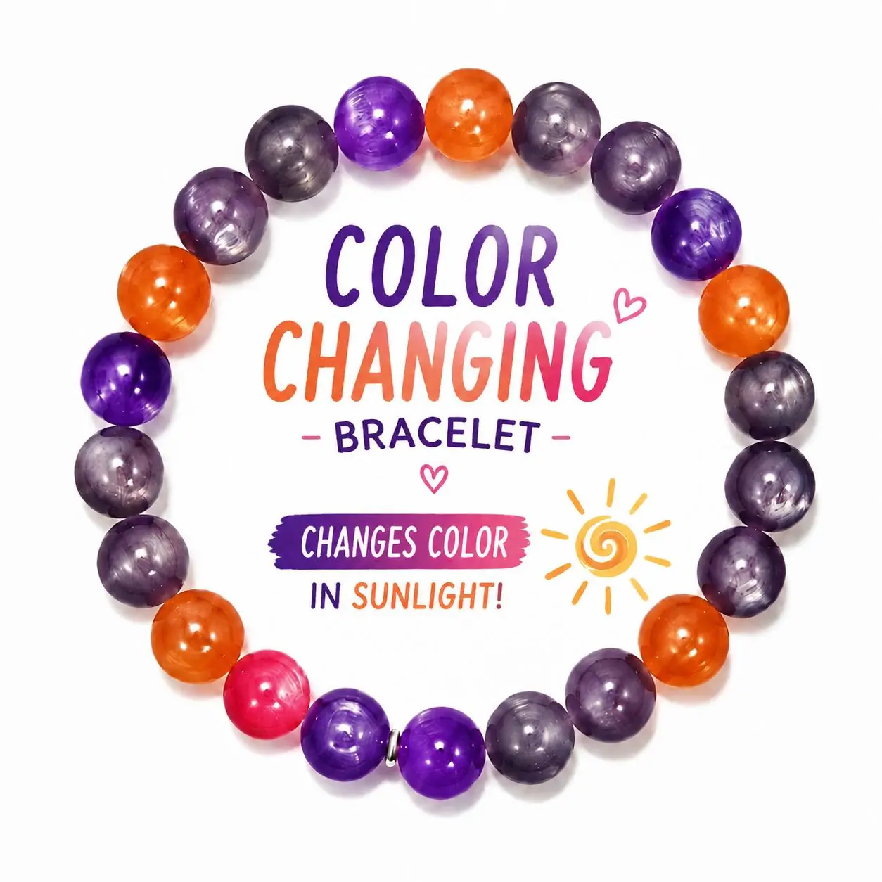 UV Color Changing Beaded Bracelet - 8mm Sunlight Reactive Stretch Bracelet, White to Colorful Magic Jewelry, Safe & Non-Toxic Summer  for Women Teens
