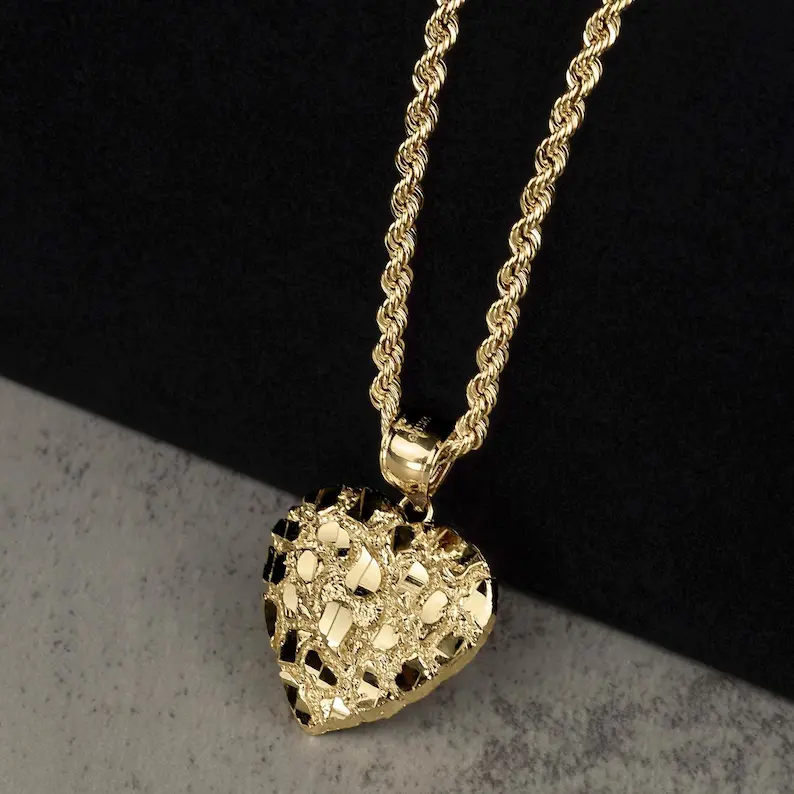 MaxBling81 Women's Heart Necklace, Gold Plated Nugget Pendant with 3mm Stainless Steel Rope Chain, 18-24 Inch, Meaningful Anniversary Birthday Gift, Wedding, Gold Necklace Women, Anniversary Gifts, Heart Necklaces