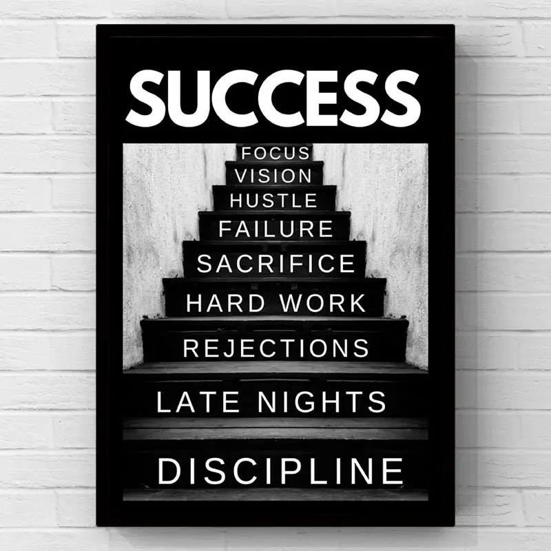 “Success Stairs” Motivational Canvas Wall Art, “Discipline, Hard Work, Hustle” Quote Print, 2D Flat Print Wall Art Poster, Minimalist Home and Bedroom Decor Artwork, Inspirational Wall Decoration, Perfect Gift for Office & Entrepreneur Room