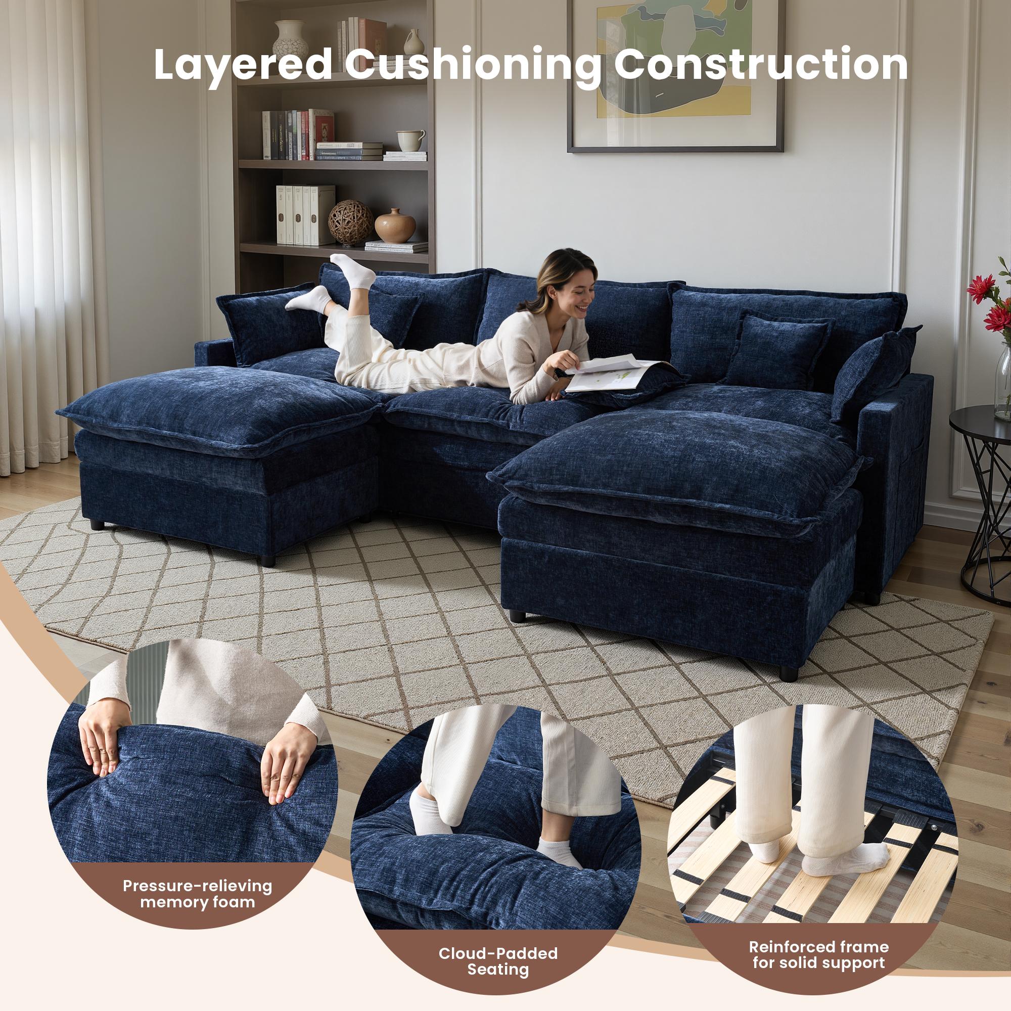 【2/3 Packages Shipping】Ovios 143" U-Shaped Modular Sectional Sofa with 2 Ottomans, Comfy Chenille Cloud Couch, Deep Seat Sofa Bed with 5 Pillows for Living Room, Bedroom & Apartment