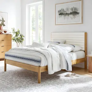 Olea Channel Tufted Boucle Solid Wood King Platform Bed in Feather Oak