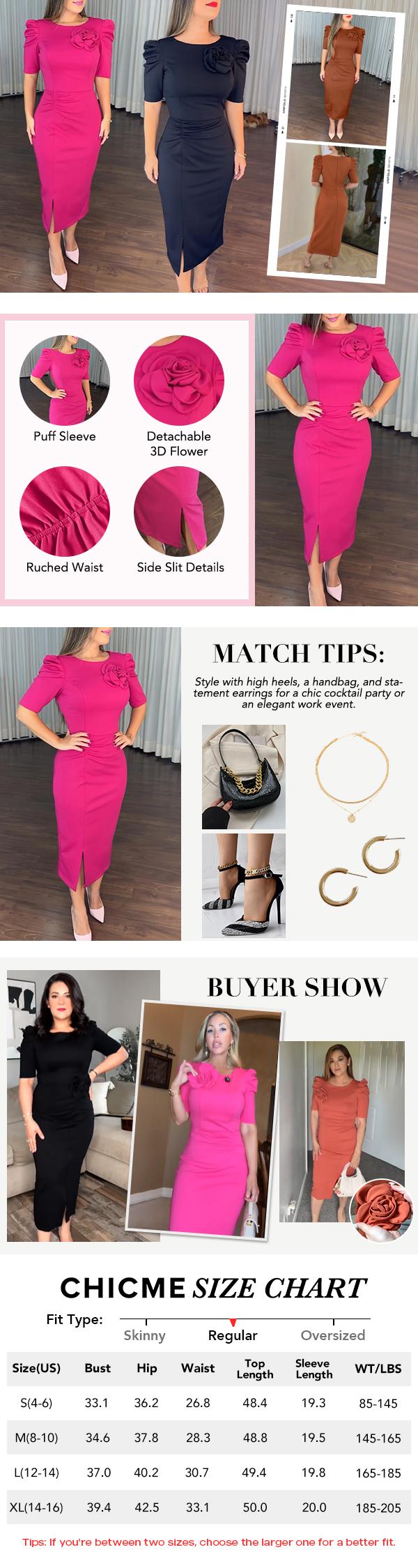 ChicMe 2026 Women's Round Neck Puff Sleeve 3D Flower Decor Bodycon Dress/Women's Ruched Floral Bodycon Dress Valentine's Day Casual Ruched Slit Midi Dress for Wedding Guest & Wedding