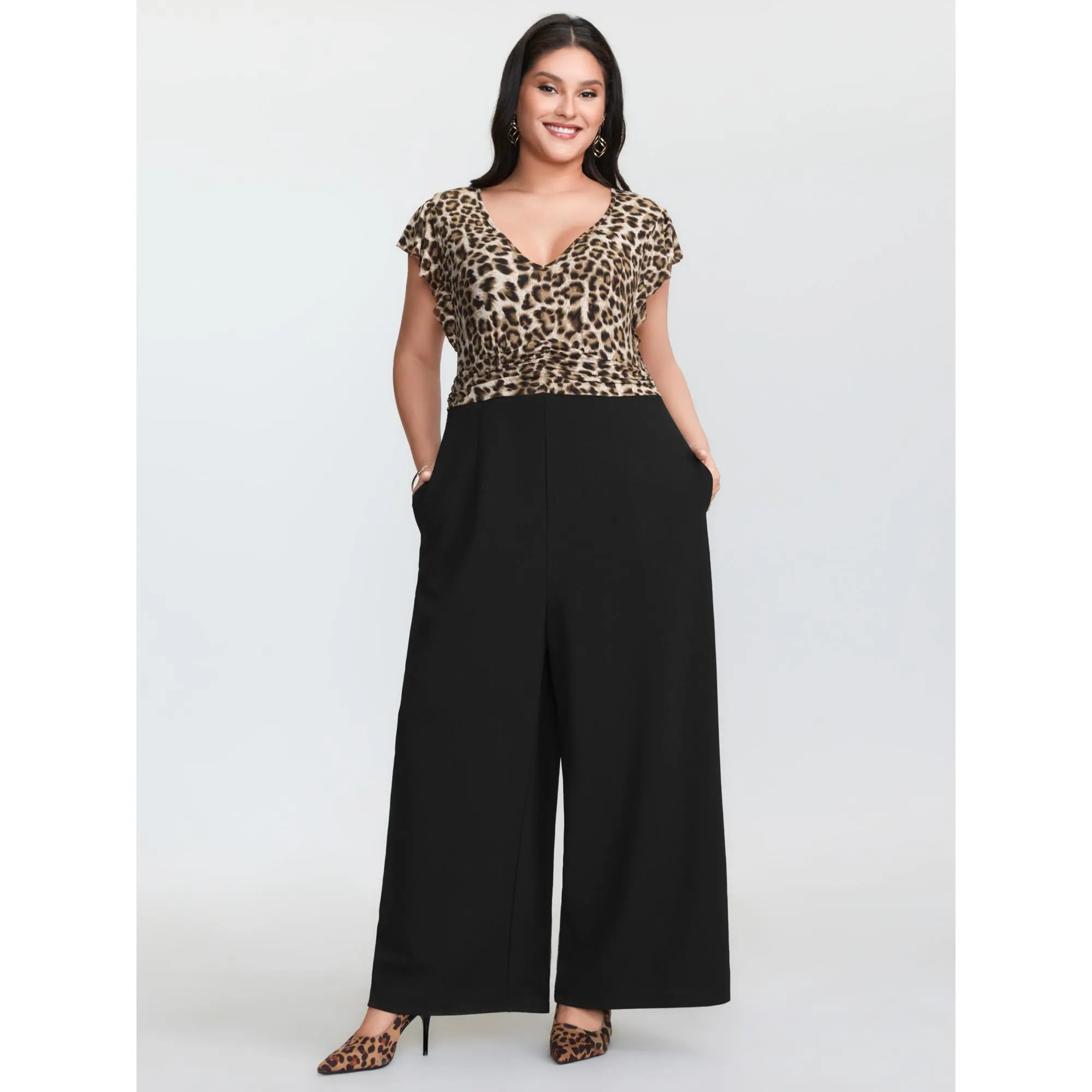 BloomChic Plus Size Leopard Print Contrast Jumpsuit, Romantic V-Neck with Flutter Sleeves, Spandex Fabric with Pockets, Low Iron, Overalls, Leopard Print Wear, Curvy Women Plus Size, Cap Sleeve, Plus Size Clothes