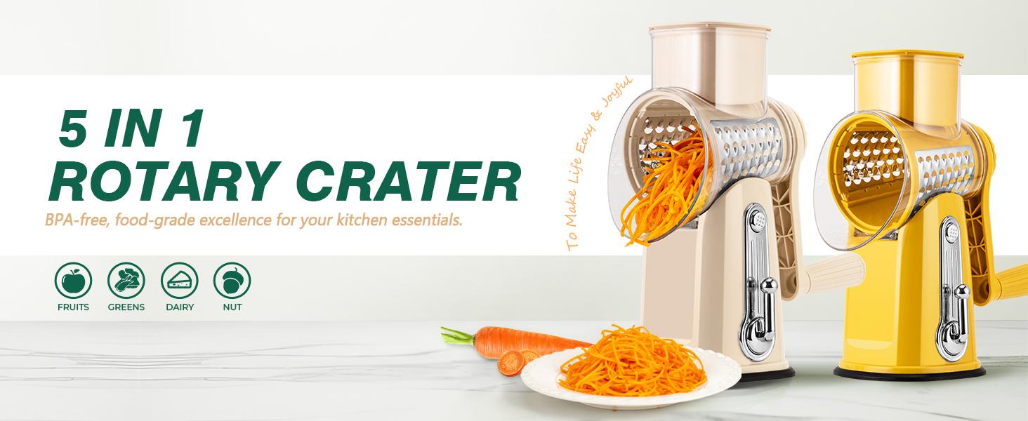 SUSTEAS Stainless Utensils Rotary Food Chopper – 5 Replaceable Blades, Strong Suction Base, BPA-Free, Dishwasher Safe, with Blade Storage Box & Cheese Grater Kitchen Curve cheese grater