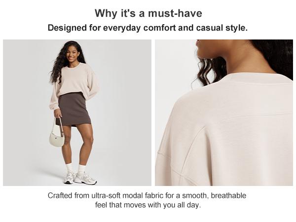 ODODOS Modal Soft Long Sleeve Cropped Sweatshirts for Women Oversized Crew Neck Pullover Crop Top Breathable Comfy