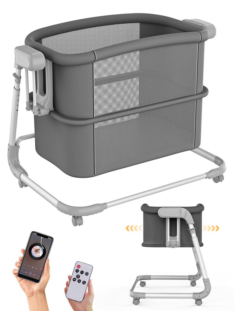 Electric Rocking Bassinet for Baby – Automatic Bluetooth-Enabled Smart Crib with Wheels, 4-Height Adjustable Bedside Sleeper, 5-Speed Swing for Newborns & Infants
