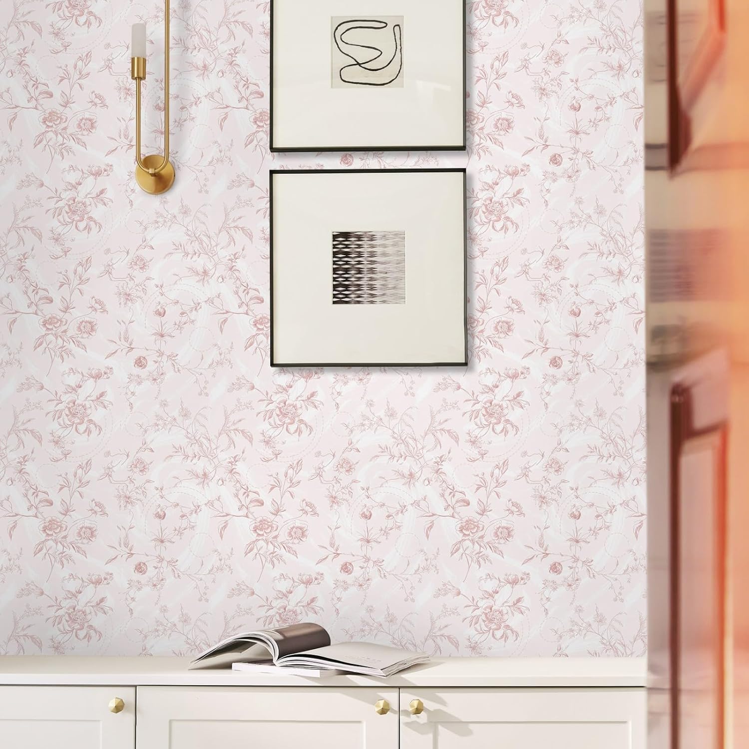 Pink Floral Peel and Stick Wallpaper – 17.3"x78.7" Vintage Botanical Waterproof Vinyl for Cabinets & Bedroom