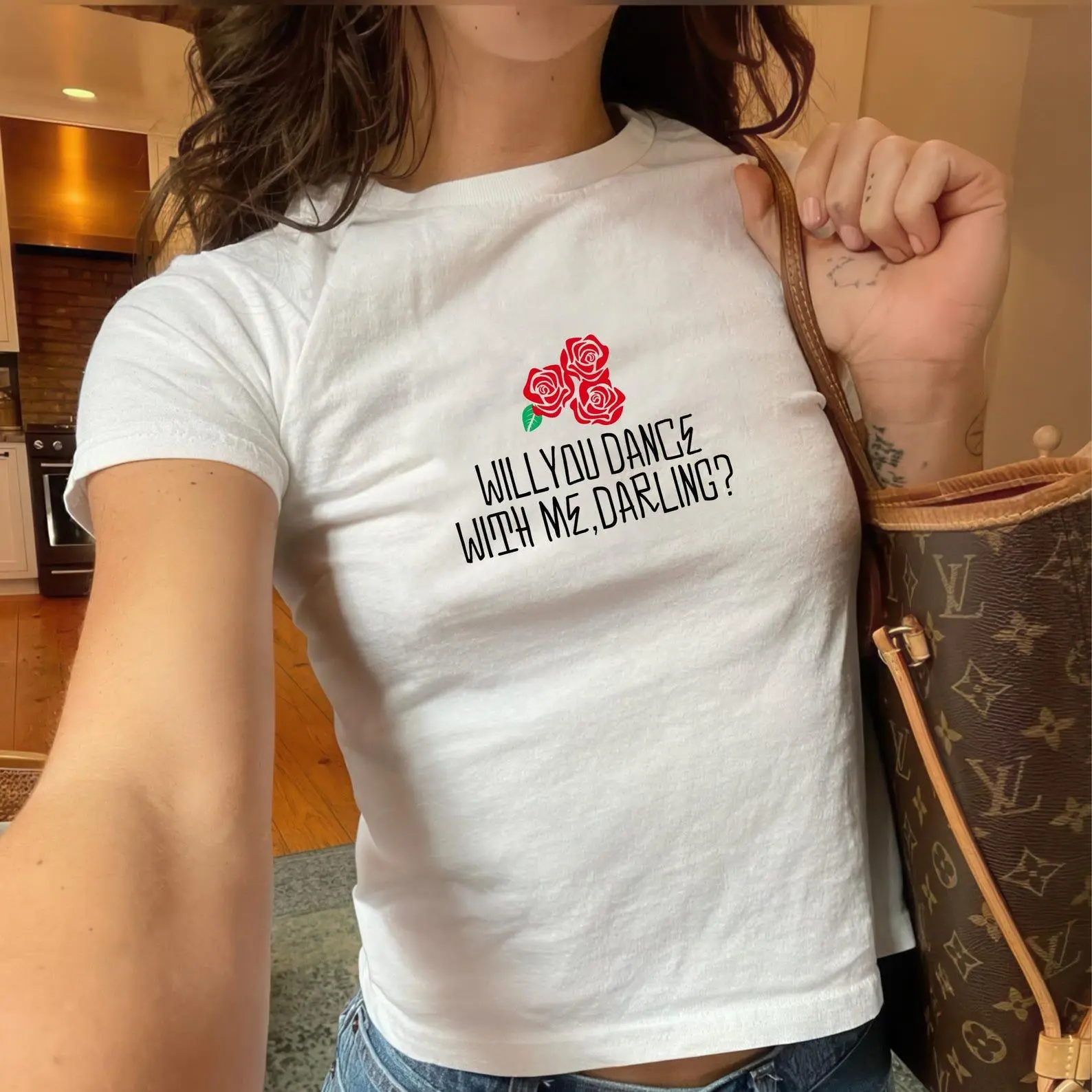 Retro Pop Concert Baby Tee, Dance With Me Darling Shirt, Roses Graphic Crop Top, Aesthetic Music Fan Gift Tee
