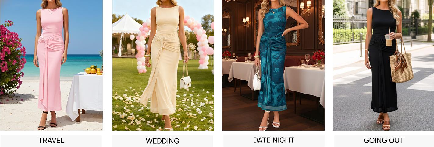 ZESICA Women's Summer Sleeveless Bodycon Dress 2026 Crewneck Ruched Sexy Mesh Wedding Guest Cocktail Party Maxi Dresses