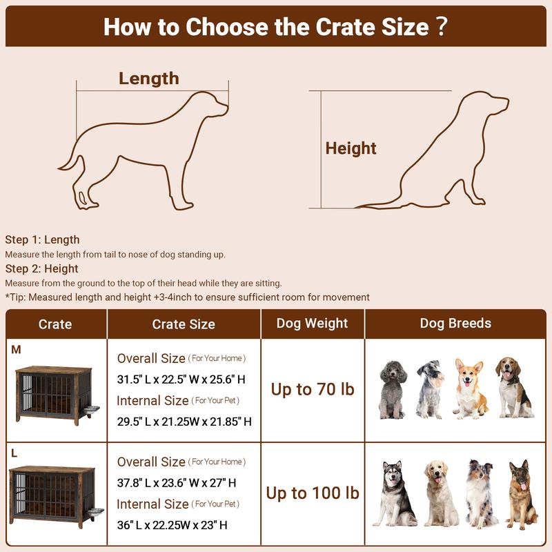 Aowos Wooden Dog Crate Furniture, Stylish Dogs Kennel for Small to Extra Large, Double Door & A Cushion & 360° Wheel, Single Door & 2 Bowels, 27''/32''/38''/44'', Metal, Chew-Proof Design, Dog Cage
