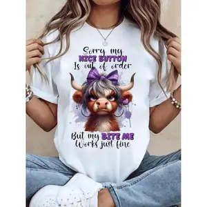 Humorous Scottish Highland Cow Graphic T-Shirt Featuring Sorry My Nice Button Is Out of Order Quote Soft Breathable Casual and Party Top