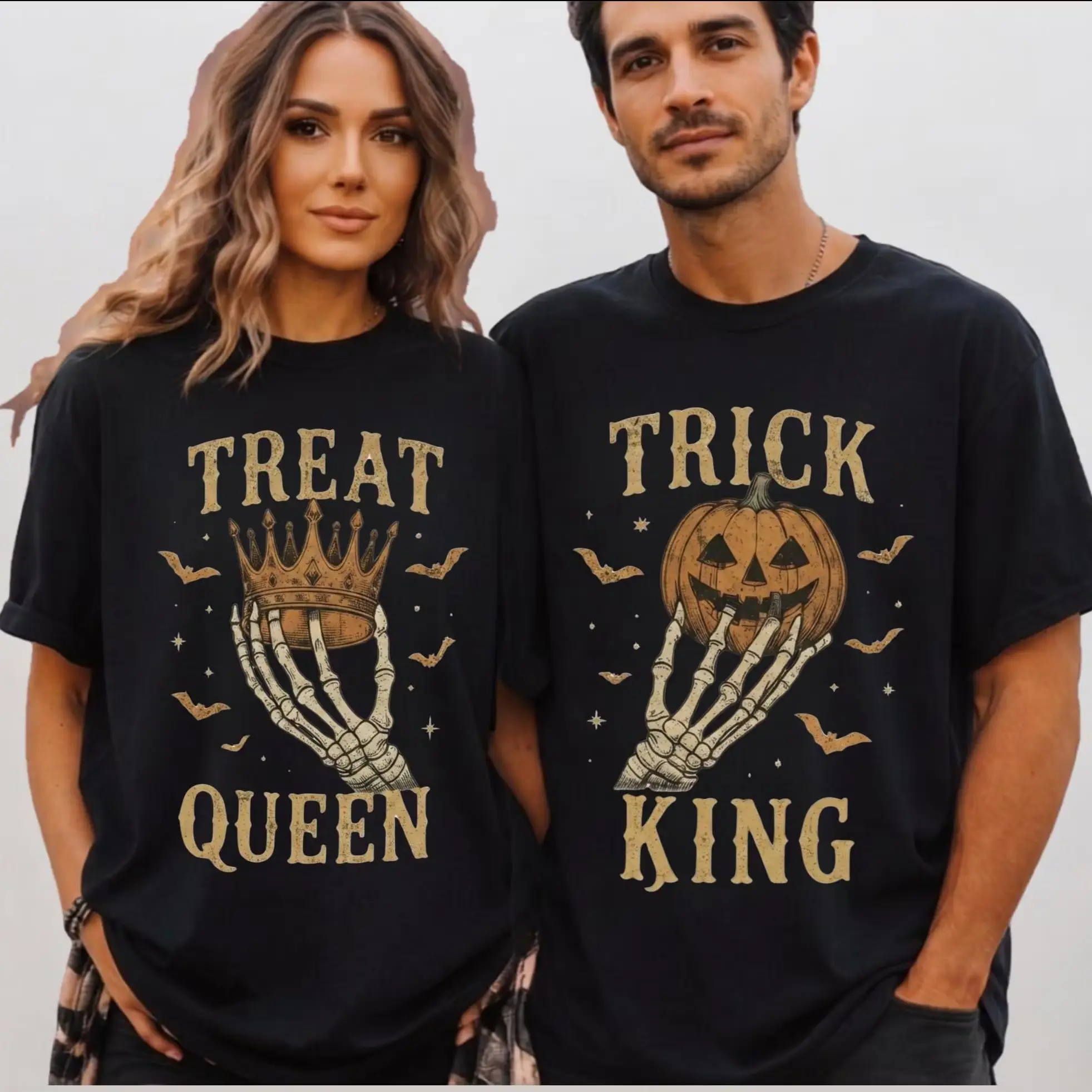 Halloween Couple Shirts, Trick King Treat Queen, Matching Skeleton Shirts, Halloween Couples Tees, Spooky Couple Gift