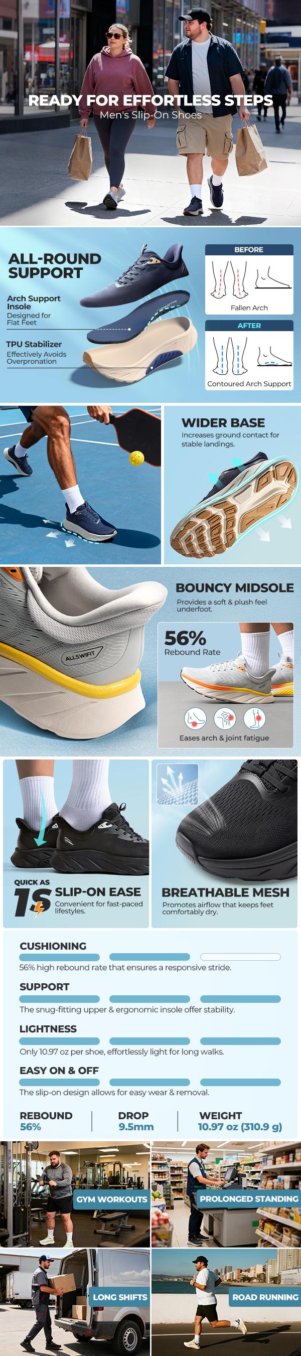 ALLSWIFIT Men's Slip On Walking Shoes Hands Free Running Tennis Non-Slip Comfortable Workout Gym Breathable Lightweight StediBase Fashion Sneakers