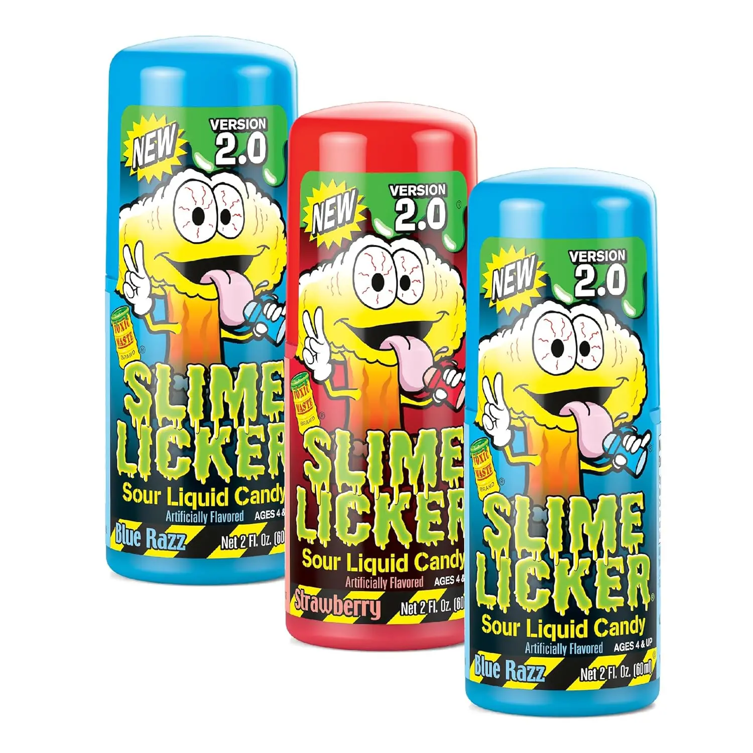 TOXIC WASTE - Slime Licker 2.0 - Sour Liquid Candy - Flavors: 1 Strawberry & 2 Blue Razz - 2 oz. Bottles - 3-Pack