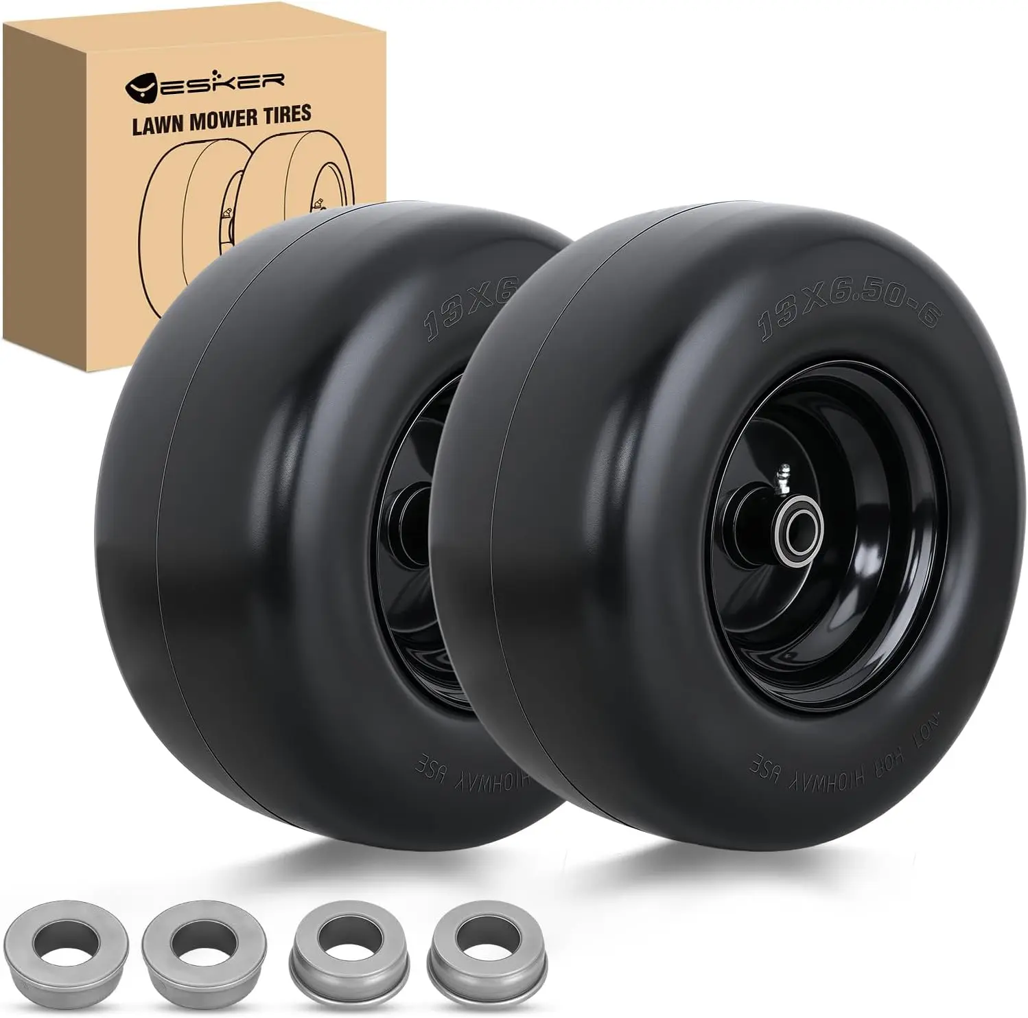 Yesker 13x6.50-6 Solid Flat-Free Polyurethane Lawn Mower Tires with Wheels (2 Pack), 13" Size, 3/4" Axle Bore, 3.25" Hub Length, Axle Fit, 350lb Load Capacity, Airless Replacement for Riding Mowers, Garden Work Use, Solid Tire