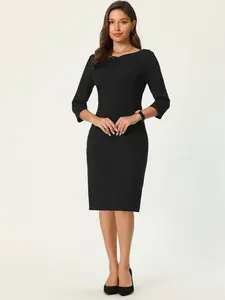 INSPIRE CHIC 3/4 Sleeve Formal Boat Neck Elegant Business Pencil Sheath Dress