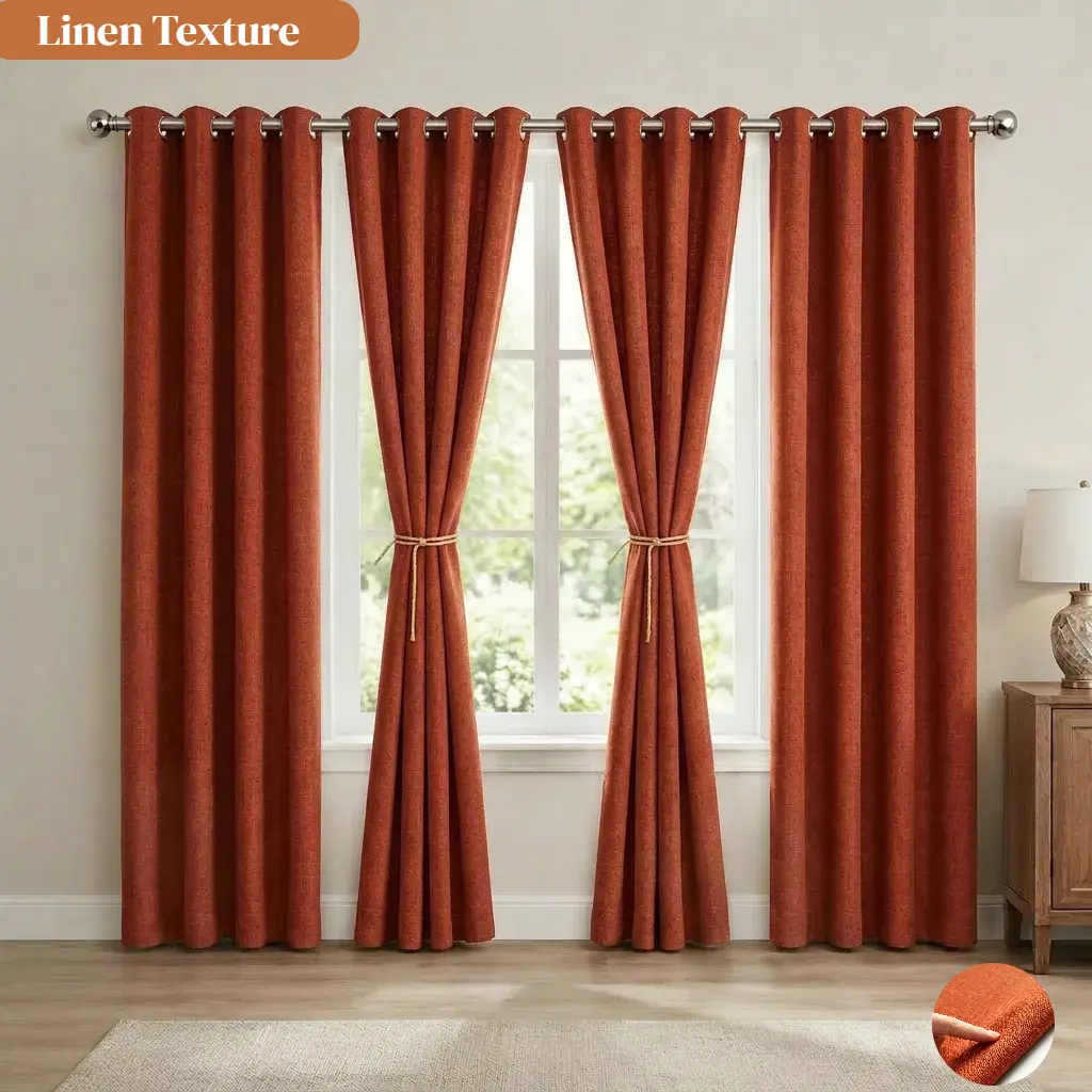 4 Panels Terracotta  Linen Blackout Curtains,  Modern Style, home decoration window curtain, Rust-Proof Metal Eyelets for Easy Slide on Curtain Rod,  for Bedroom, Living Room, Apartment & Dorm