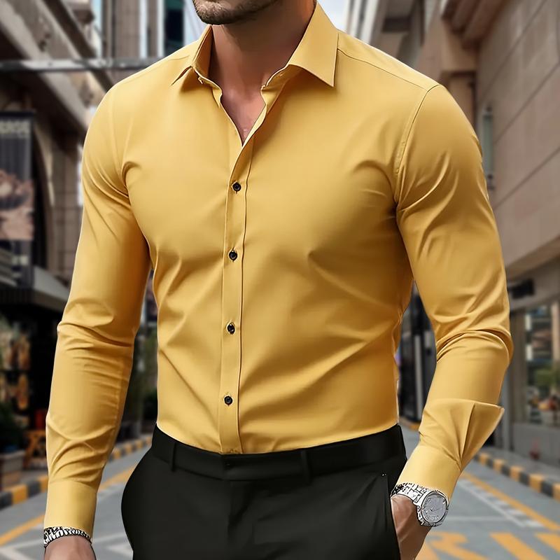 Men's Solid Color Stretch Shirt Ice Silk Cool Breathable Comfortable Business Casual Dual Use Turn-Down Collar European and American Style Top Men's Clothing Multiple Colors Available Easy Care