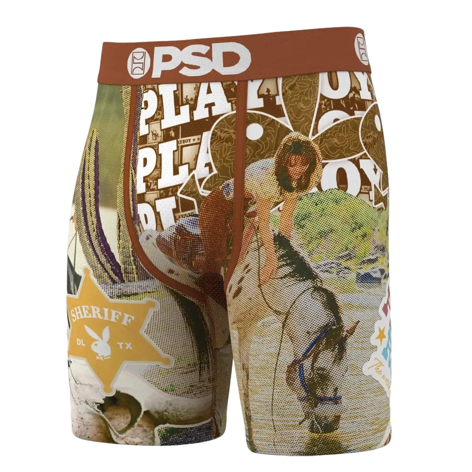 PSD Mens Playboy New Sheriff Boxer Brief - Standard Length 7 Inch Inseam, Soft and Breathable Poly Blend Fabric