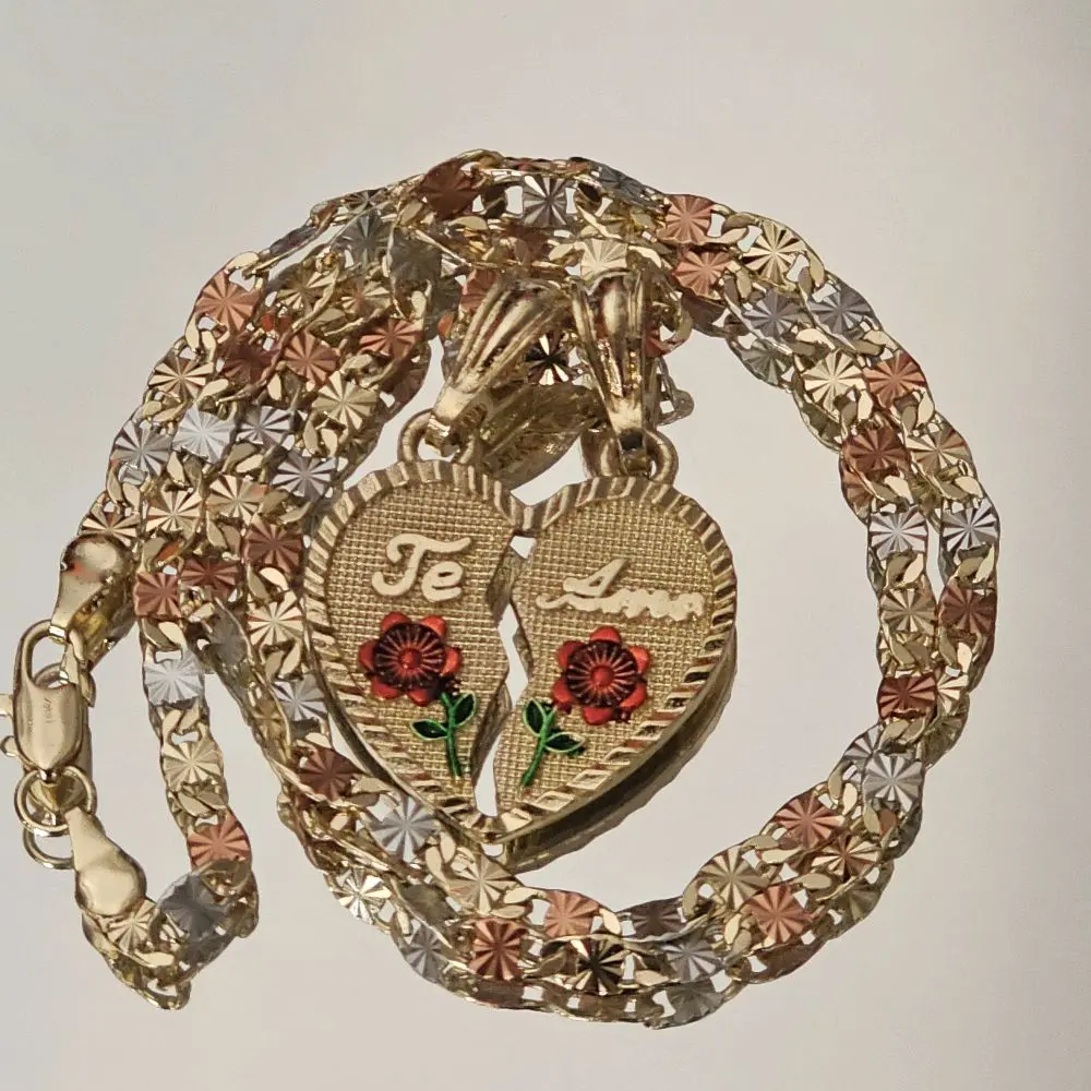N2-Te Amo Red Rose Heart Pendant with Tricolor 4mm 20-Inch Diamond Cut Style Chain 14 Karat Gold plated Not water resistant