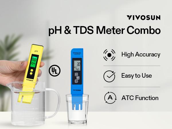 VIVOSUN Digital pH and TDS Meter Kits, 0.01pH High Accuracy Pen Type pH Meter ± 2% Readout Accuracy 3-in-1 TDS EC Temperature Meter for Hydroponics, Pool and Aquarium,  UL Certified
