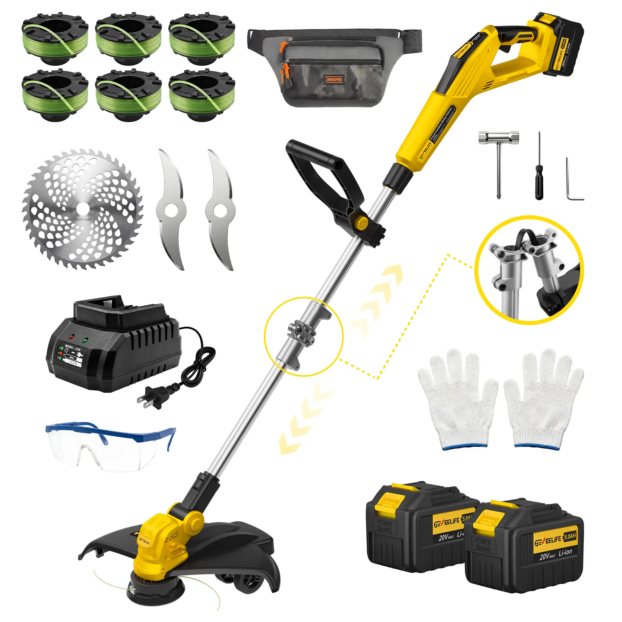 GEVEELIFE 4-in-1 Cordless Brushless Grass Trimmer - 21V Lithium 2*5.0Ah Batteries, Fast Charger, 15in Cutting Width, High-Speed Weed Wacker, Edger, Lawn Mower with 2 Metal Blades, 21V Cordless Power for Lawn Care