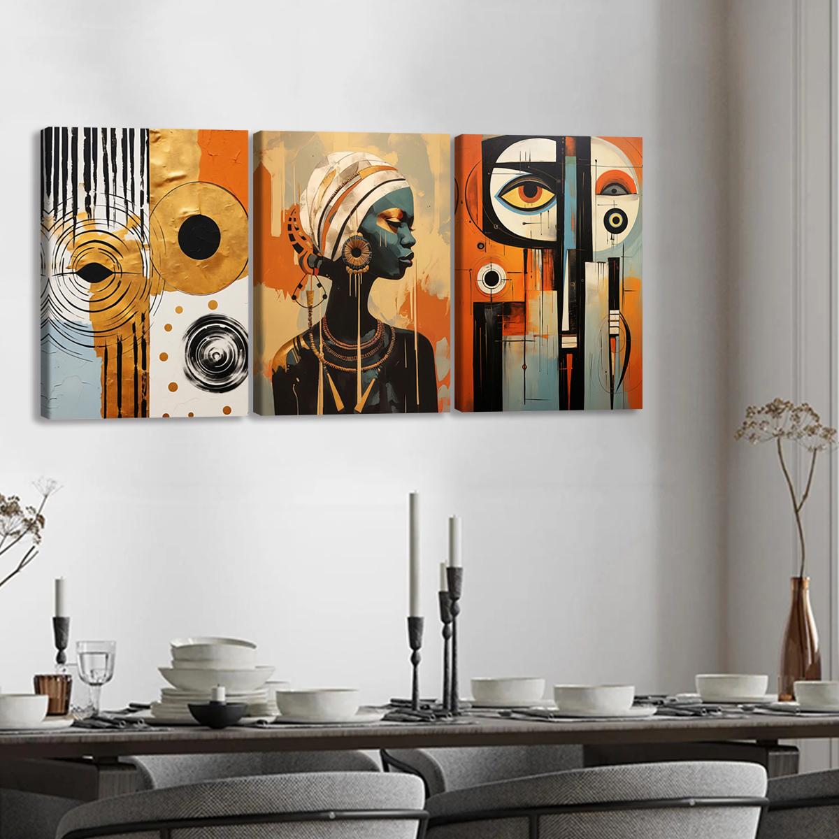 3Pcs Wooden Framed Canvas Painting, African Woman Abstract Geometric Shapes Gold Orange, Exquisite Poster, Home Decoration, Pattern Wall Art Decor, For Living Room, Bedroom, Office, Restaurant, Bar Wall Decor, Odorless, Painting, Print Artwork