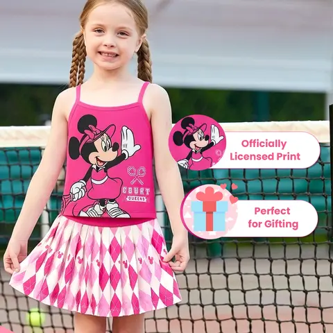 PatPat Disney Minnie Mouse Girls' 2-Piece Active Wear Tennis Outfit - Pink Tank Top with Relaxed Neck & Character Print Argyle Pleated Elastic Waist Skirt Set, 2T-14Y Active Sport Apparel for Toddlers & Little Girls with Roomy Silhouette
