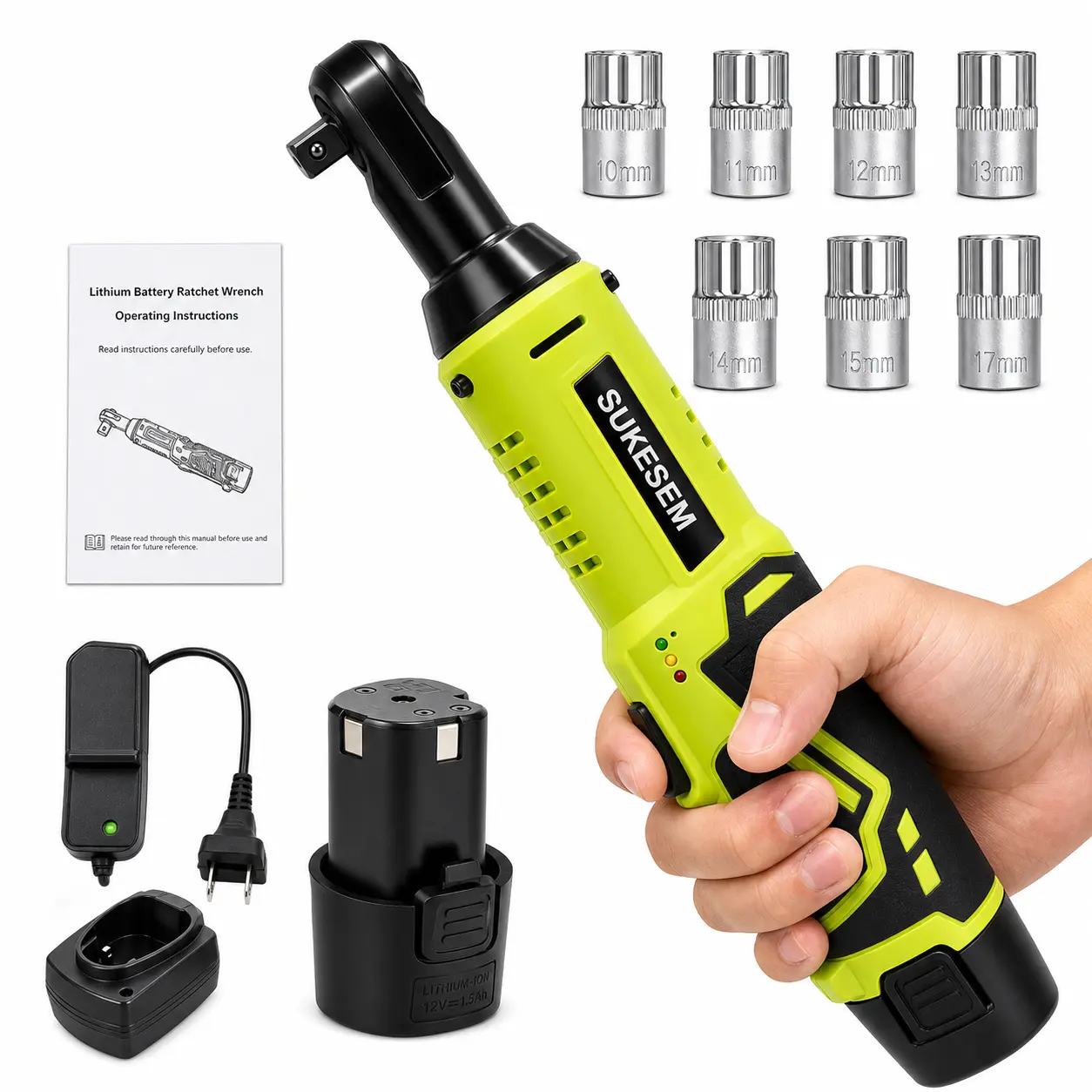 SUKESEM 12V Cordless Ratchet Wrench Kit, 12V High Torque Power Tool with 12mm Socket, Rechargeable Batteries, 7 Sockets, Lug Nut Rem., Car Repair Tool for DIY Enthusiasts, 12V Ratchet Wrench