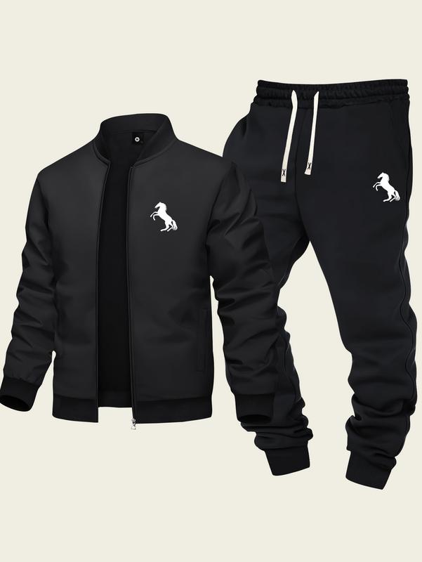 Men's Baseball Collar Casual Set 2-Piece Fashion Zipper Jacket & Drawstring Sweatpants Minimalist Trendy Design with Galloping Horse Print Ideal for Sports & Everyday Wear