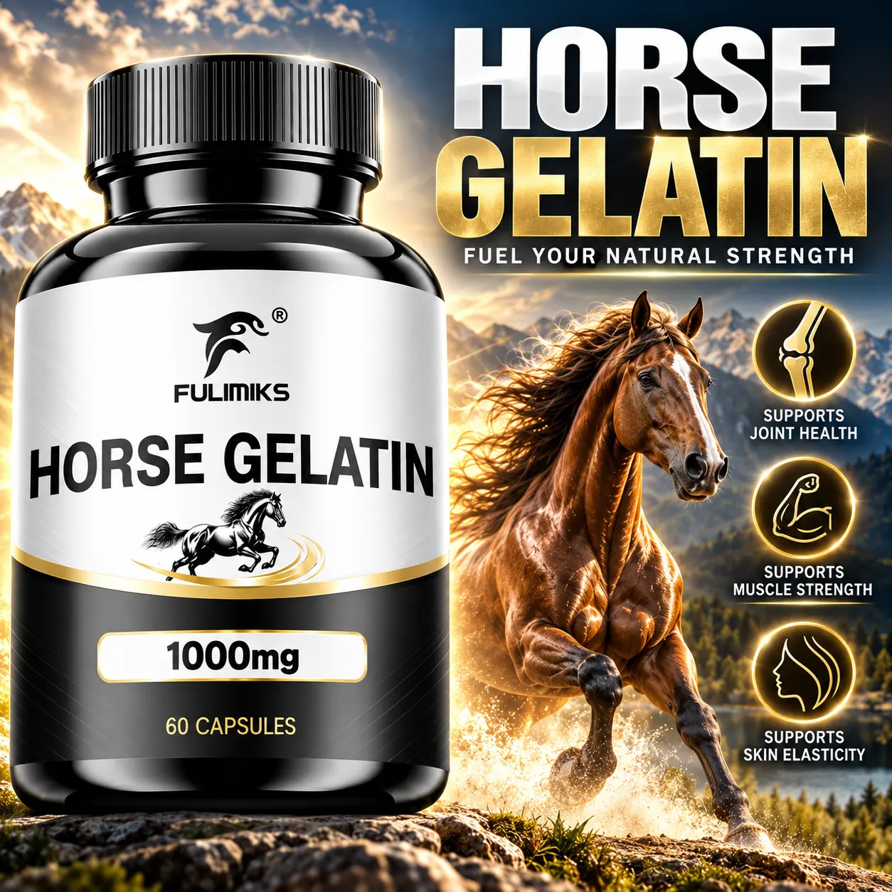 Fulimiks Natural 1000mg Horse Gelatin Advanced Formula Vitamin Capsules - Hydrolyzed Complex with L-Lysine HCl, Cider Vinegar Powder, Hawthorn Berry, Cinnamon, Grape Seed Extract - Multi-Herbal Daily Wellness Supplement, Vegetable Capsules, Bottle Pack
