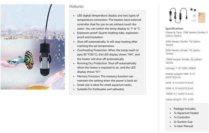 hygger Small Aquarium Betta Heater, Submersible Fish Tank Heater 10W/25W/50W/100W with LED Digital Display, Suitable for Marine Saltwater and Freshwater up to 5/10/16/26 Gallon