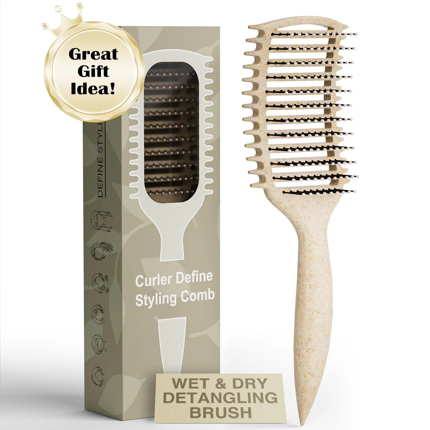 Curl Defining Brush with Soft Bristles for Detangling and Shaping, Vented Design with Ergonomic Handle for Women and Men, Beige, Brush For Curly Hair, Soft Bristles Brush