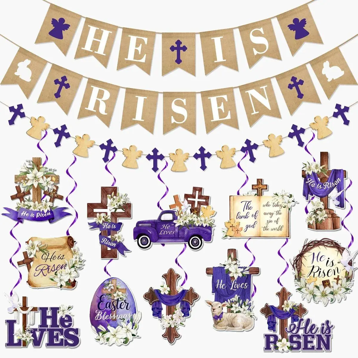 He is Risen Easter Decor- Religious Easter Decorations He is Risen Banner and Hanging Swirls Christian Jesus Religious Hanging Banner for Easter Spring Party Home Wall Decorations